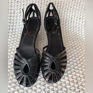 Oh! Leather Strappy Wedge Sandals Black Slingback Open Toe Approx Size 6